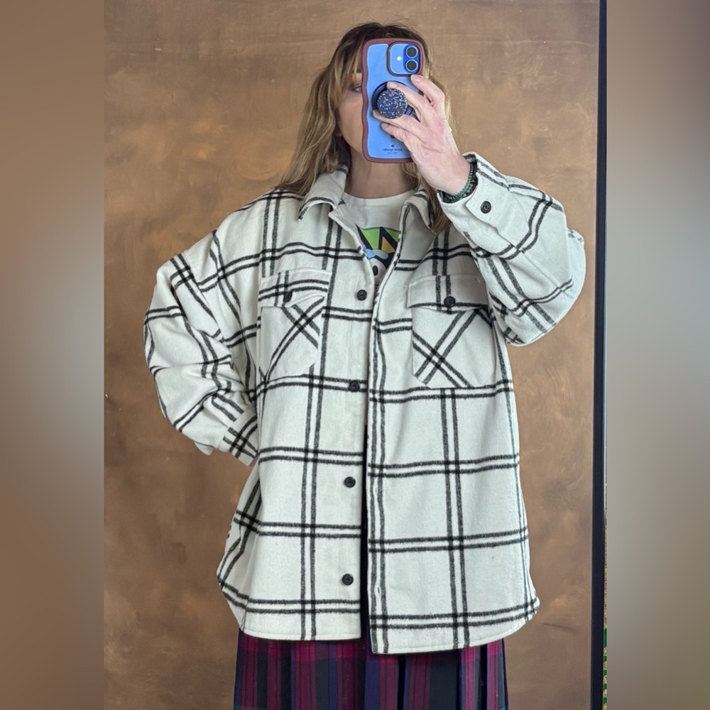 Thread & Supply Cream and Black Plaid Utility Shacket